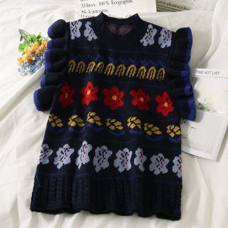 Ruffle-trim Printed Knit Vest Dark Blue - One Size