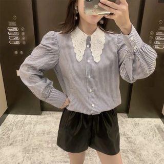 Lace-collar Puff-sleeve Stripe Top