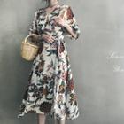Floral Pattern Long Surplice-wrap Dress