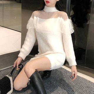 Mock-neck Mesh Panel Knit Mini Dress