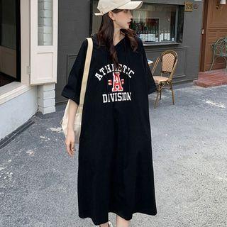 Elbow-sleeve Lettering Hooded Midi T-shirt Dress