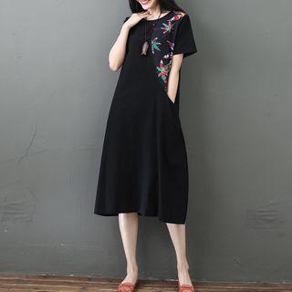 Short-sleeve Floral Print Panel Midi A-line Dress