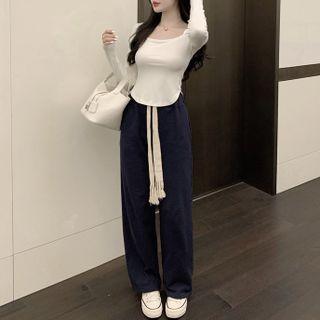 Long-sleeve Scoop-neck Top / Drawstring Wide Leg Pants