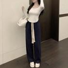 Long-sleeve Scoop-neck Top / Drawstring Wide Leg Pants