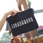 Set: Tasseled Lettering Corduroy Clutch + Zip Pouch