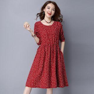 Patterned Linen Cotton Short-sleeve A-line Dress