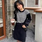 Long-sleeve Mock Two-piece Striped Knit Panel Dress Black - One Size