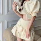 Puff-sleeve Plain Cropped Top + High-waist Plain Ruffle Trim Skirt