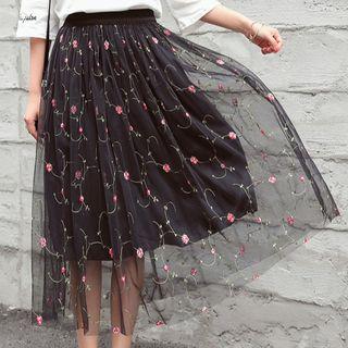 Flower Embroidered Midi Tulle Skirt
