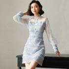 Mesh-sleeve Fringed A-line Crochet Lace Dress