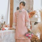 Embroidered Mandarin Collar Buttoned Coat