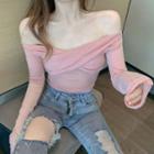 Off-shoulder Long-sleeve T-shirt Pink - One Size