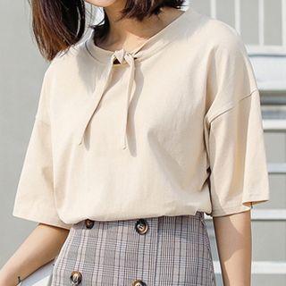 Plain Bow Accent Elbow Sleeve T-shirt