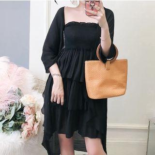 Set: Layered Spaghetti Strap Dress + Plain Short Sleeve Long Light Jacket
