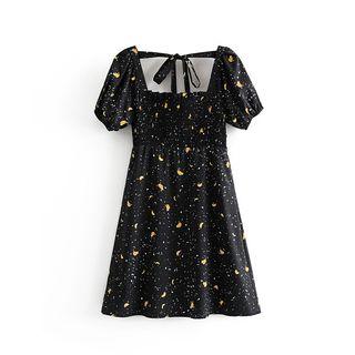 Printed Square-neck Short-sleeve A-line Dress