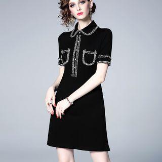 Short-sleeve Tweed Trim Mini A-line Dress