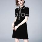 Short-sleeve Tweed Trim Mini A-line Dress