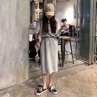 Set: Short-sleeve T-shirt + Lettering Vest + Midi Skirt