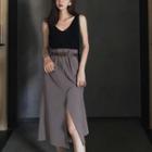 Plain Knit Tank Top / Slit Hem Midi Skirt