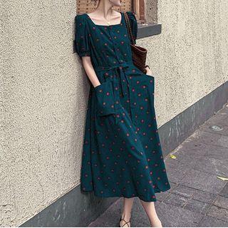 Puff-sleeve Dotted Midi A-line Chiffon Dress