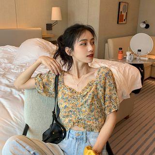 V Collar Floral Short-sleeved Chiffon Top