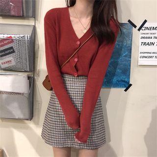 Long-sleeve Plain V-neck Knit Cardigan