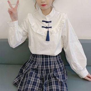 Frog-button Tassel Ruffled Blouse