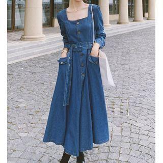 Long-sleeve Denim Tie-waist Midi Dress