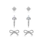 Sterling Silver Simple Fashion Ribbon Cubic Zircon Three-piece Earrings Silver - One Size