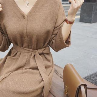 Buttoned V-neck Knit Dress With Sash
