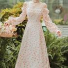 Long-sleeve Cold Shoulder Faux Pearl Trim Midi A-line Dress