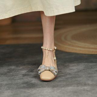 Ribbon Faux Pearl Ankle-strap Chunky-heel Pumps