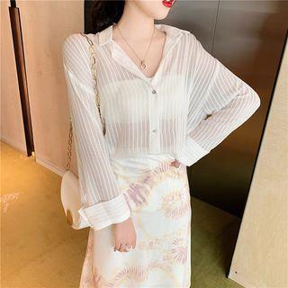 Striped See-through Long-sleeve Shirt / Twisted Camisole Top / Tie-dye Midi A-line Skirt