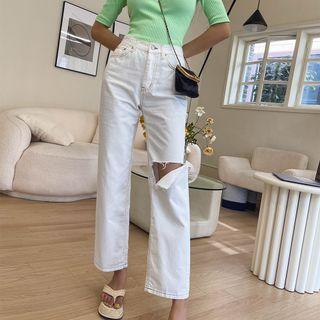 Slit-knee Stitched Wide-leg Pants