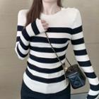 Long-sleeve Striped Knit Top Stripes - Almond & Black - One Size