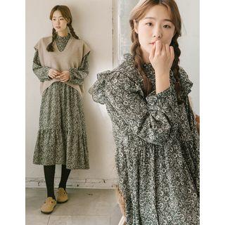 Frilled Chiffon Floral Long Shirtdress