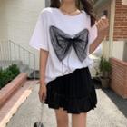 Print Bow Short-sleeve Top / High-waist A-line Mini Skirt