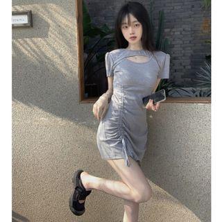 Asymmetrical Short-sleeve Cutout Drawstring T-shirt Dress