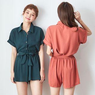 Set: Roll-up Short Sleeve Shirt + Paperbag Waist Shorts