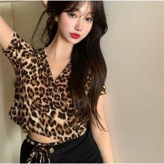 Leopard Print Short-sleeve Cropped Top Leopard - One Size