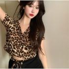 Leopard Print Short-sleeve Cropped Top Leopard - One Size