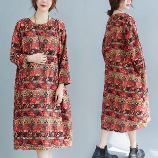 Patterned Long-sleeve Midi A-line Dress Red & Khaki - One Size