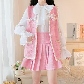 Button Vest / Pleated A-line Skirt / Blouse / Set