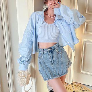 Cropped Camisole Top / Shirt / Washed Denim Mini Skort