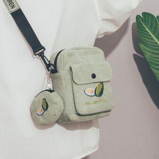 Set: Avocado Embroidered Corduroy Crossbody Bag + Pouch