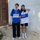 Couple Matching Elbow-sleeve Color Block Letter Polo Shirt