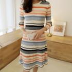 Stripe Flared Midi Rib-knit Dress