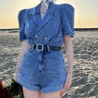 Short-sleeve Double-breasted Denim Shirt Romper