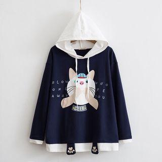 Cat Print Color-block Hooded Long-sleeve Sweater
