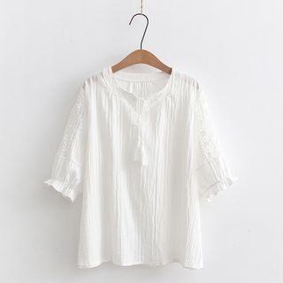 Short-sleeve Tasseled Embroidered Blouse White - One Size